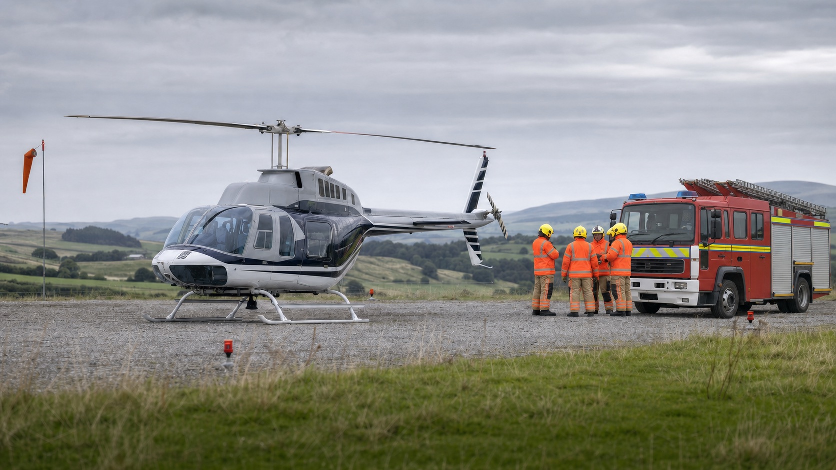 Helicopter with dedicated aviation fire crew and appliance at a temporary landing site
