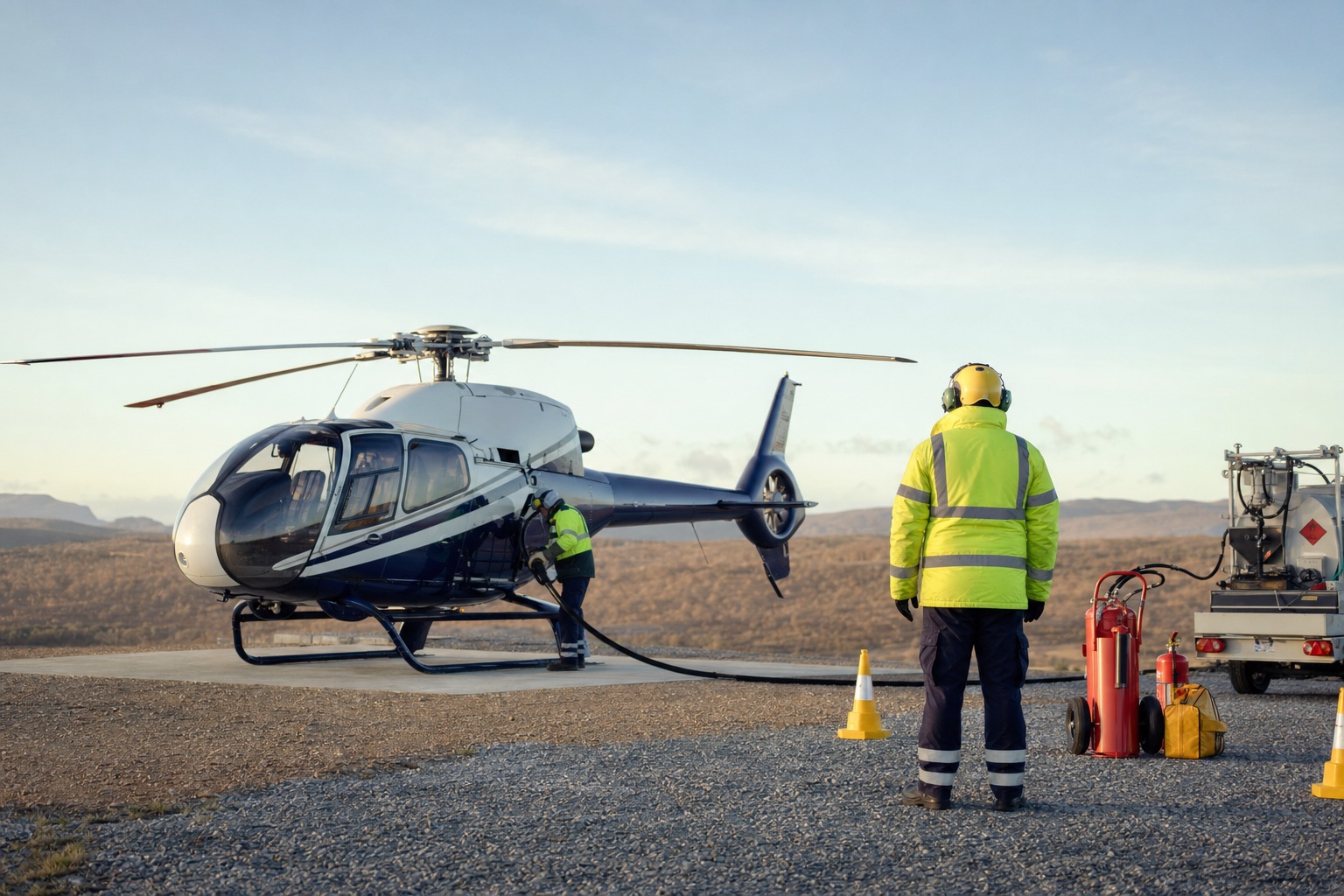 Fire standby positioned beside a helicopter hot-refuelling operation