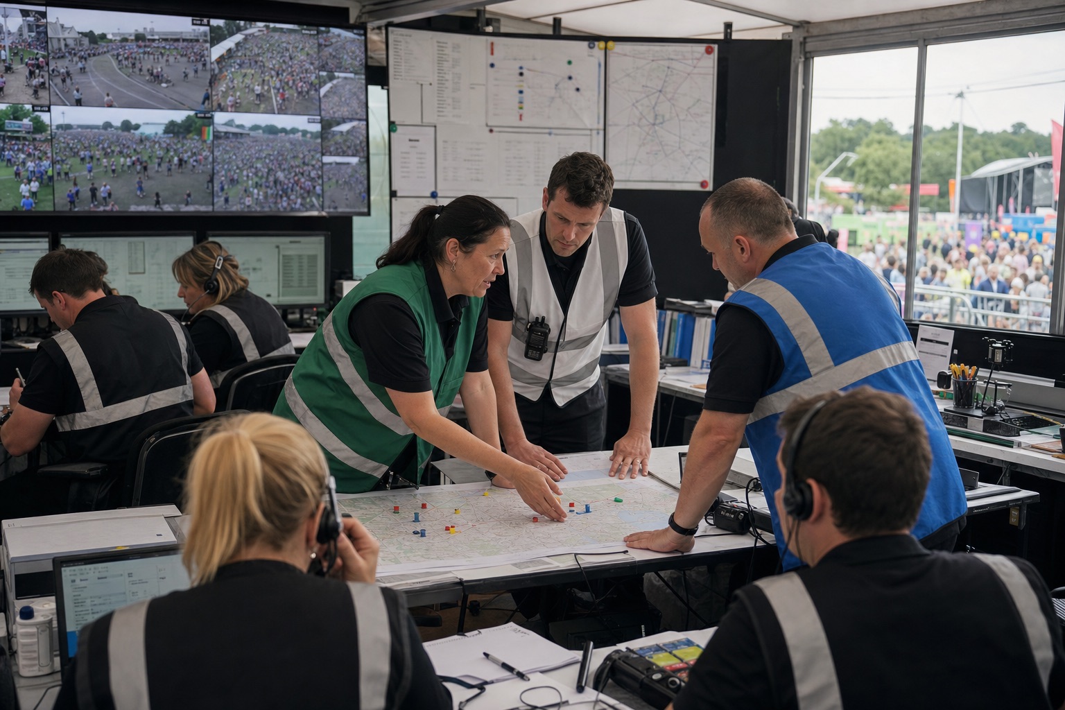 Event commanders coordinating resources inside a UK event control room