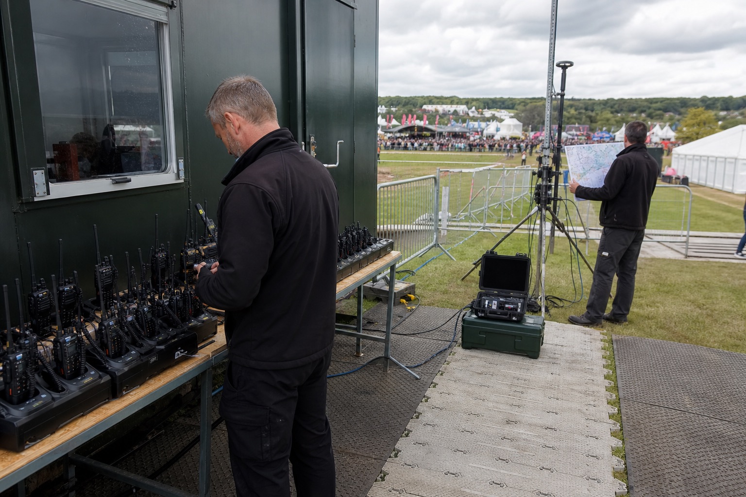 Technicians preparing two-way radios and a temporary repeater at a UK event