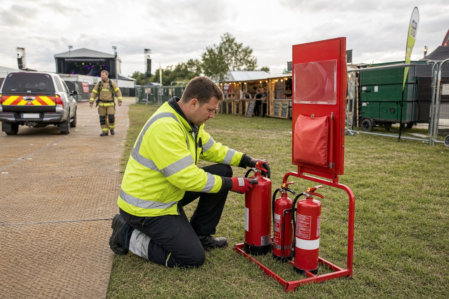 Technician inspecting temporary fire extinguishers at a UK festival event village