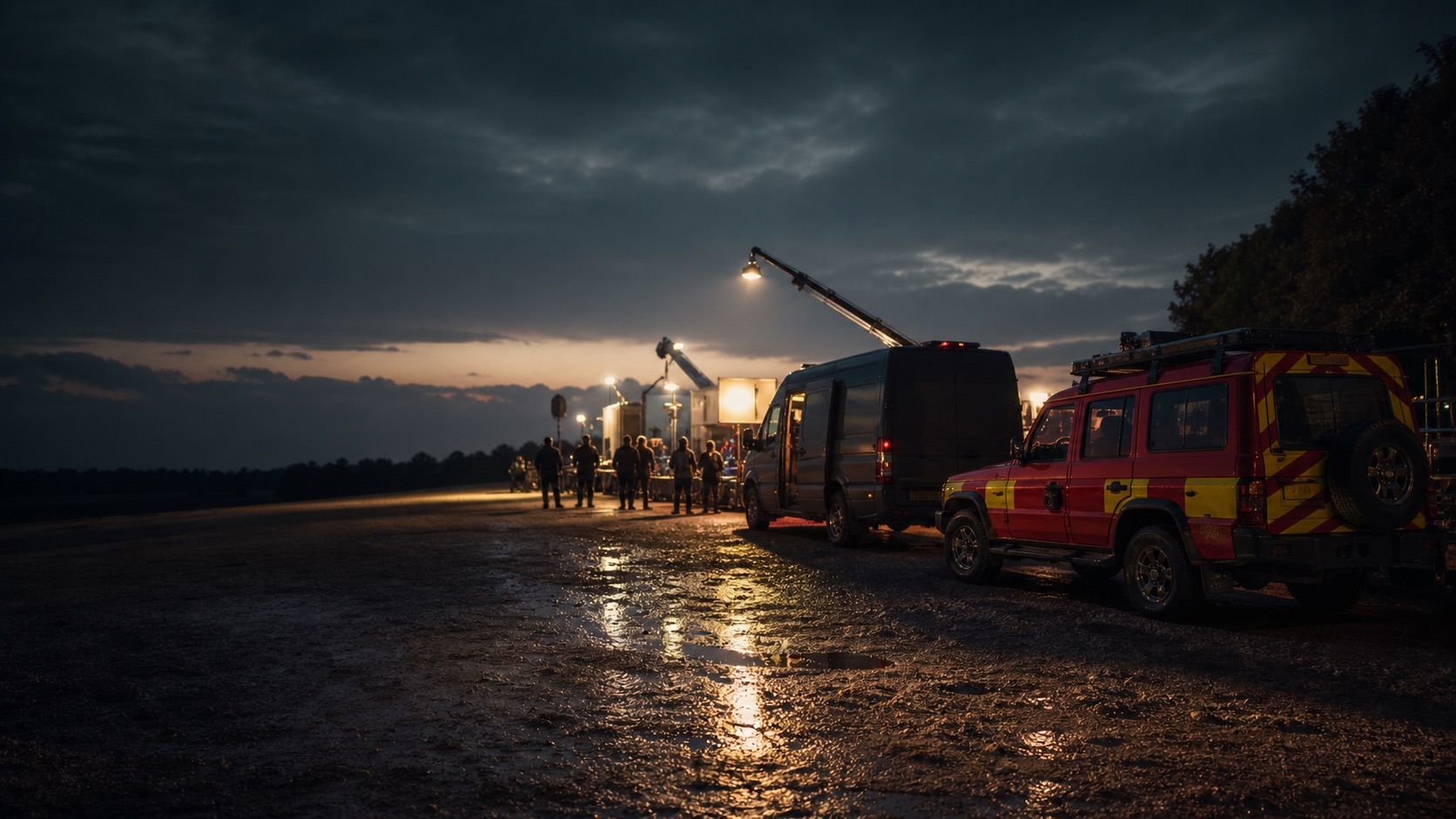 British film unit base at dusk with production and emergency support vehicles