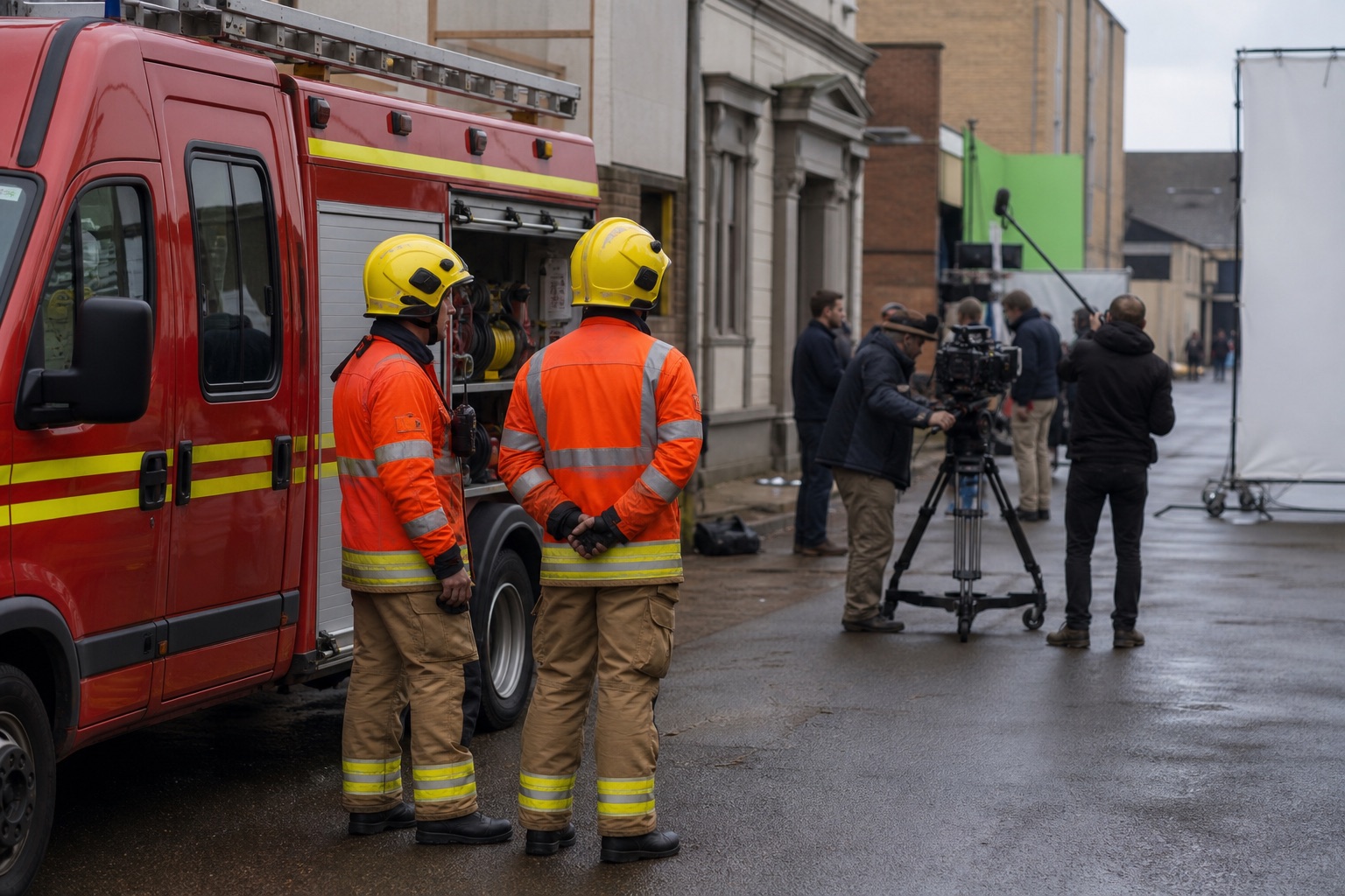 Standby UK fire crew beside a British fire appliance on a studio backlot