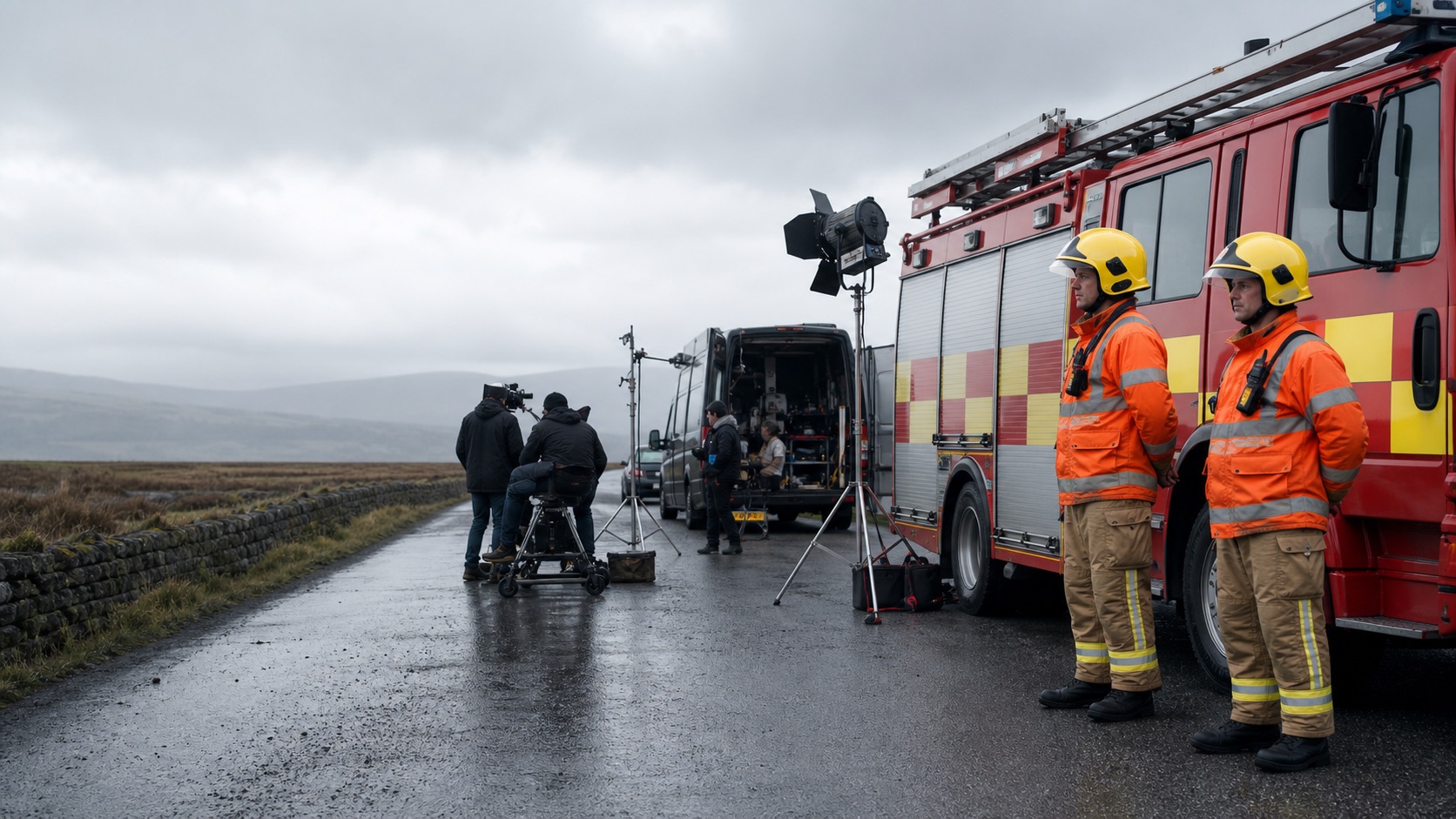 UK film crew working on location with standby firefighters and a British fire appliance