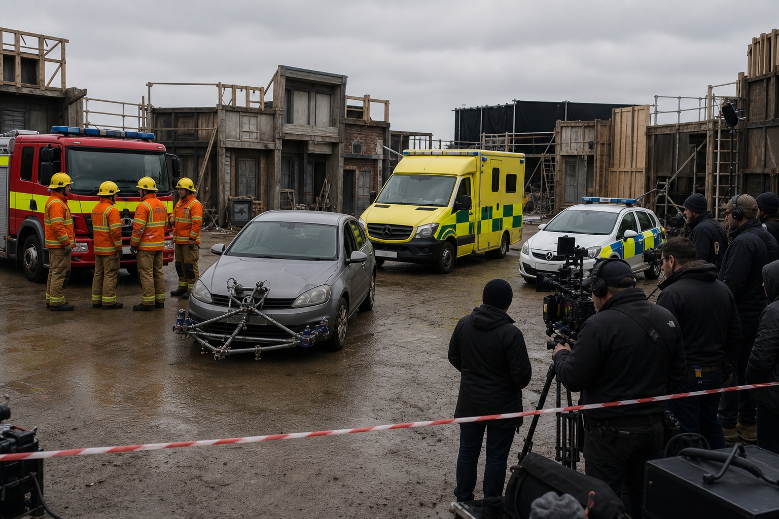 UK film crew preparing an action sequence with British emergency vehicles