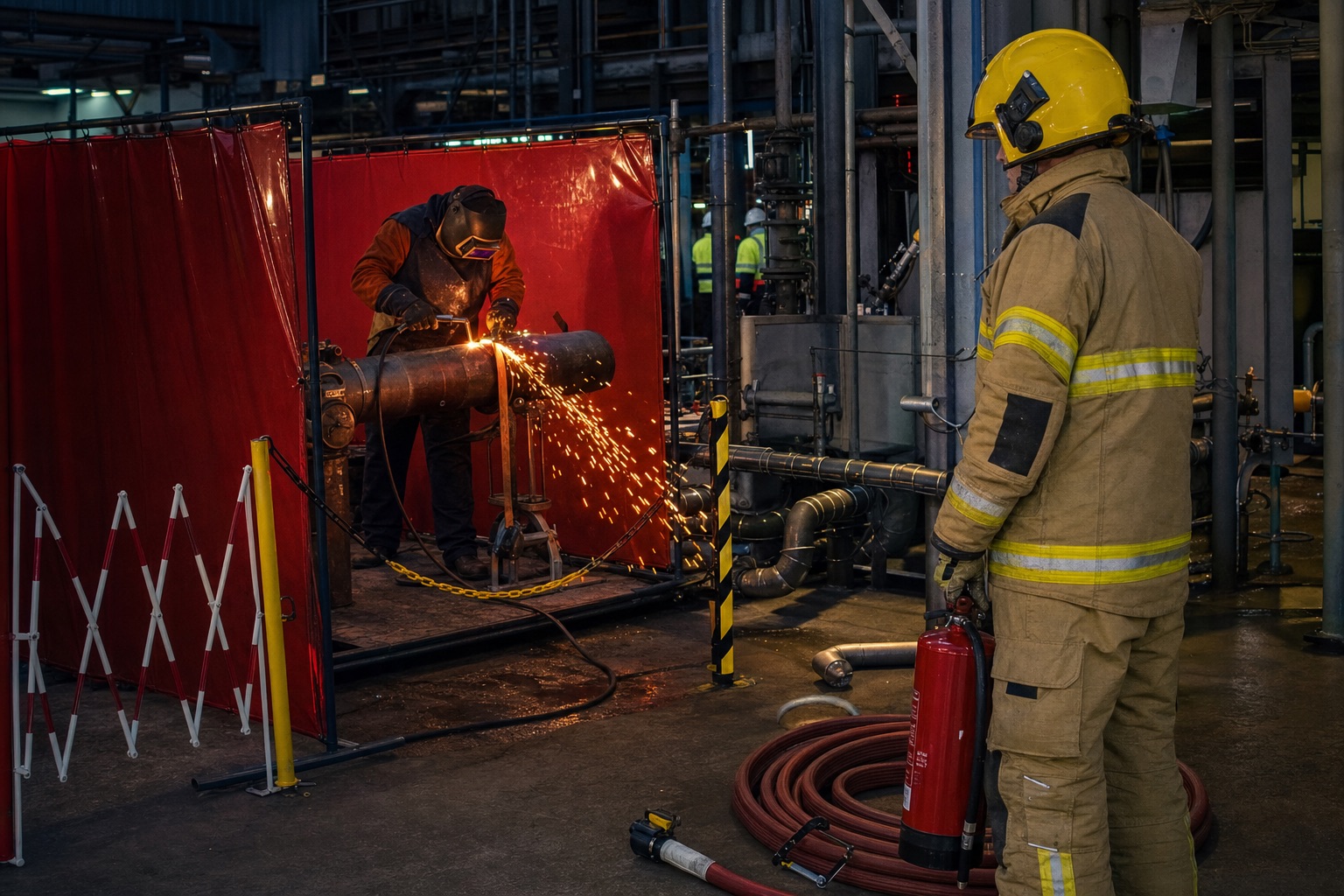 UK firefighter providing fire watch during industrial cutting work