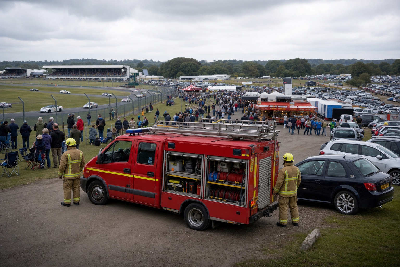 UK fire crew covering spectator and car park areas at a British race meeting