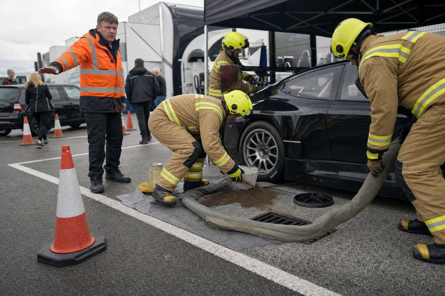 UK fire crew containing an oil spill beneath a race car in a paddock