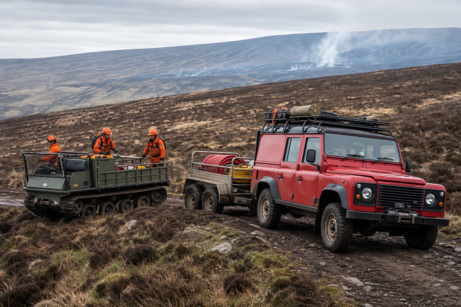 Tracked low-ground-pressure carrier and four-wheel-drive wildfire vehicle moving equipment over rough moorland