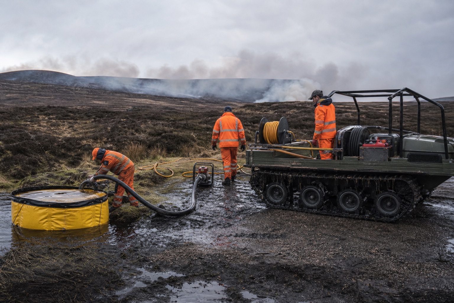 Wildfire crew using portable pumps and a tracked carrier to move water across rough moorland